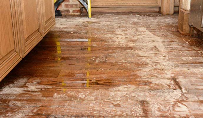 home wood floor water damage appliance leak cleanup